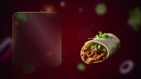 crispy pork skin (chicharron) doner gyros with parsley, cucumber animation - (red background) - left glass panel ready for writing menu names or special deals