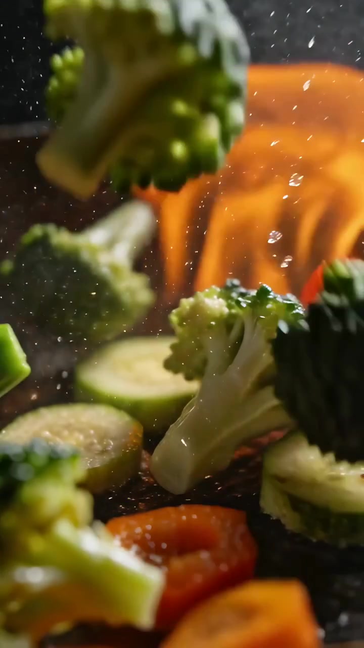 Video verticale: Carote che cadono, facendo atterrare i broccoli sfrigolando e carbonizzandosi su una padella per rosolare.