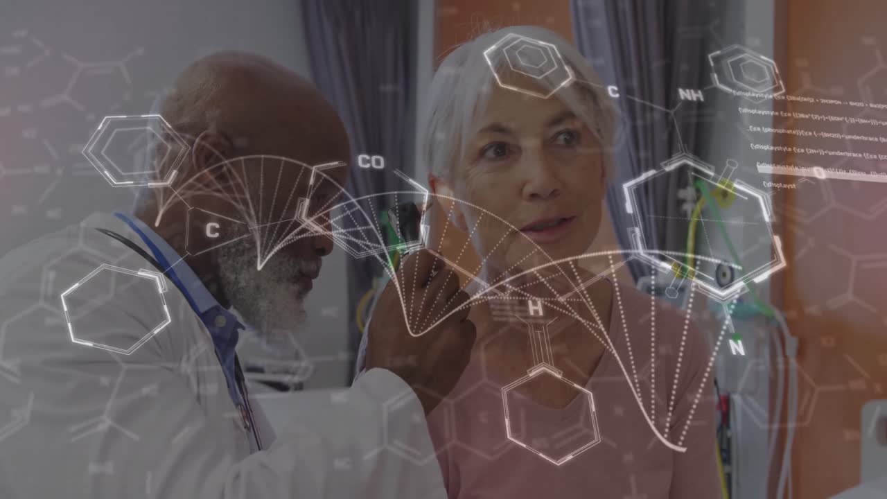 Animation of dna strand and medical data over diverse male doctor examining ear of female patient