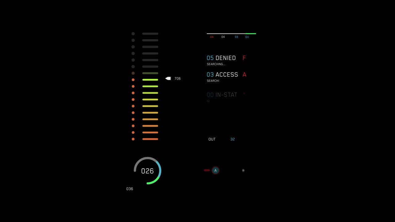Animated sci-fi user interface with vertical and circular data meters, plus text readouts showing "ACCESS DENIED". HUD overlay for technology concepts