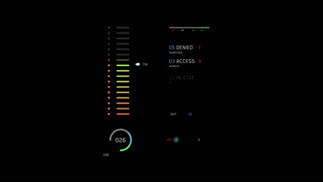 animated sci-fi user interface with vertical and circular data meters, plus text readouts showing "access denied". hud overlay for technology concepts