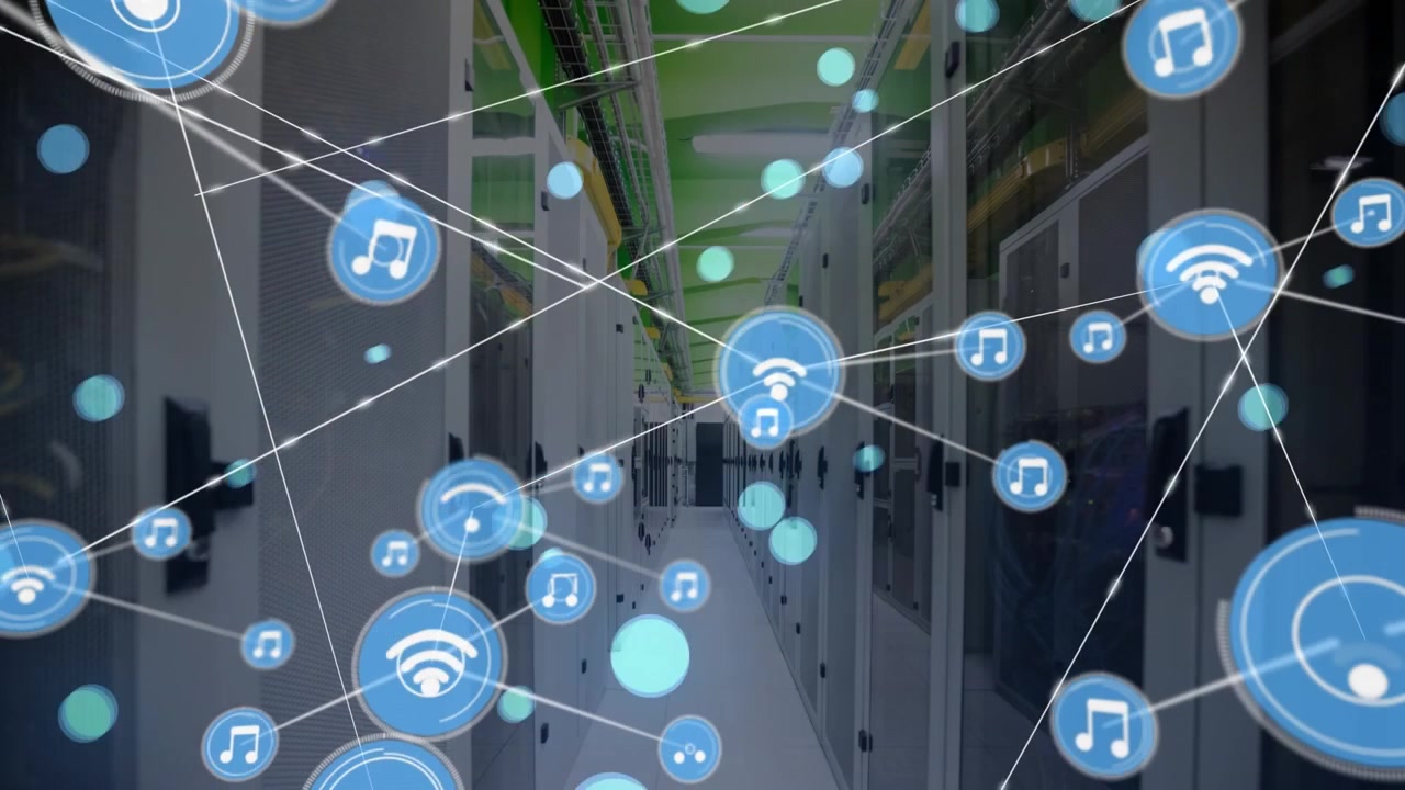 Animation of network of connections with icons over server room