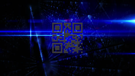 digital animation of glowing neon red qr code against rows of changing numbers on blue background