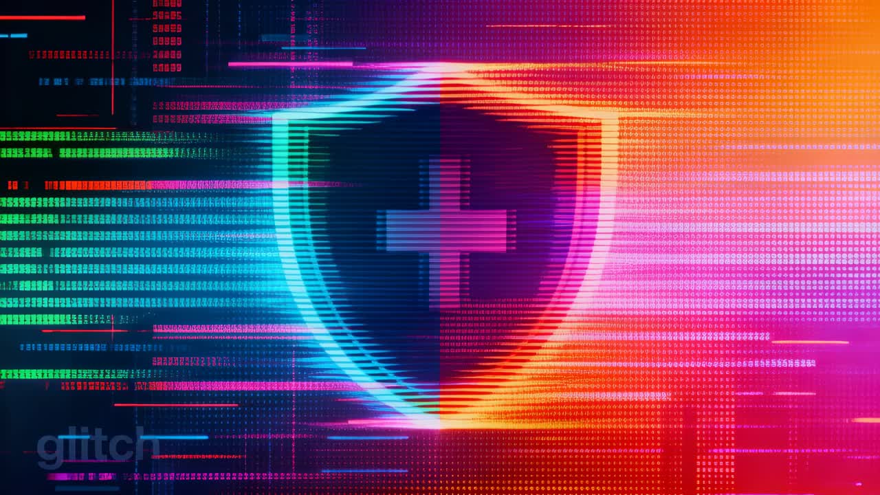 Pulsing neon shield bearing plus sign receding amid data streaks passing in cyber UI, glitch mark
