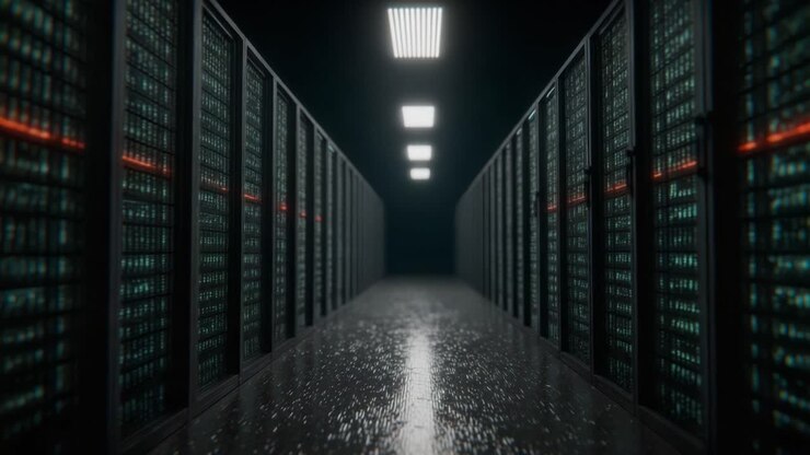 A High-Tech Server Room with Glowing Racks, Showcasing Advanced Computational Hardware and Sleek Design in a Dimly Lit Environment