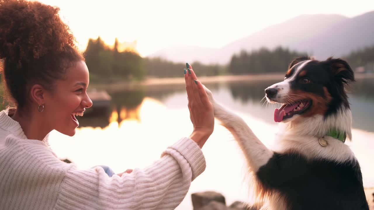 Mulher alegre e cachorro trocando um high-five perto de um lago ao pôr do sol, capturado em uma filmagem de vídeo grande angular