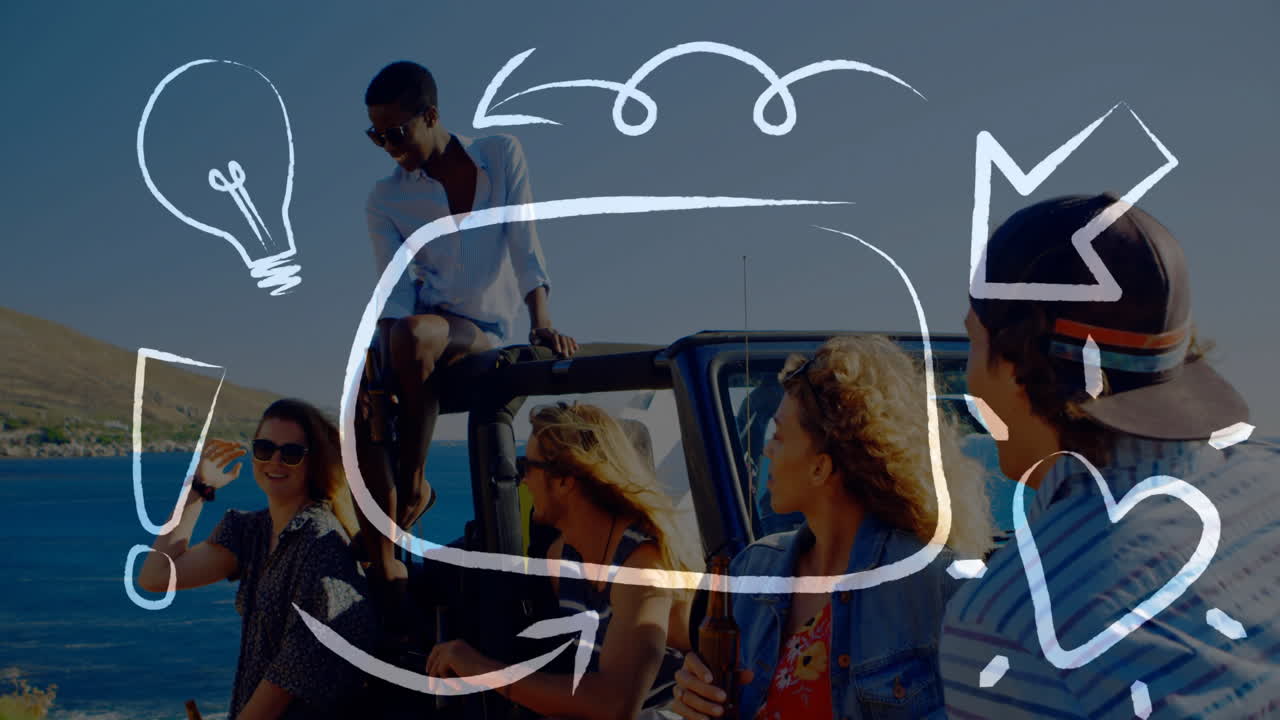 친구 들 이 해변 여행 을 즐기고 있는 것