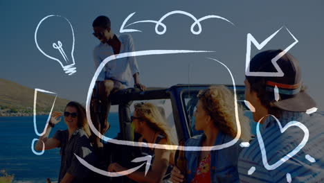 amigos disfrutando de un viaje a la playa con animación de garabateo de bombilla, flechas y corazón