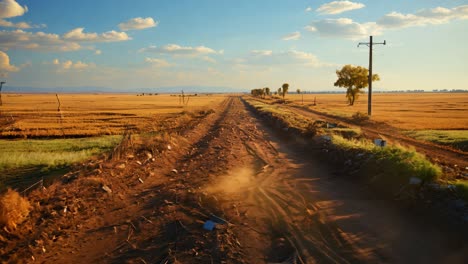 dusty dirt road stretches through golden fields under a blue sky at sunset