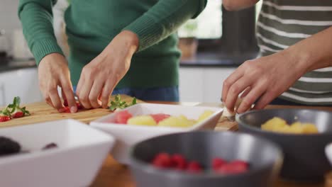 midsection of diverse male couple making healthy drink together in kitchen