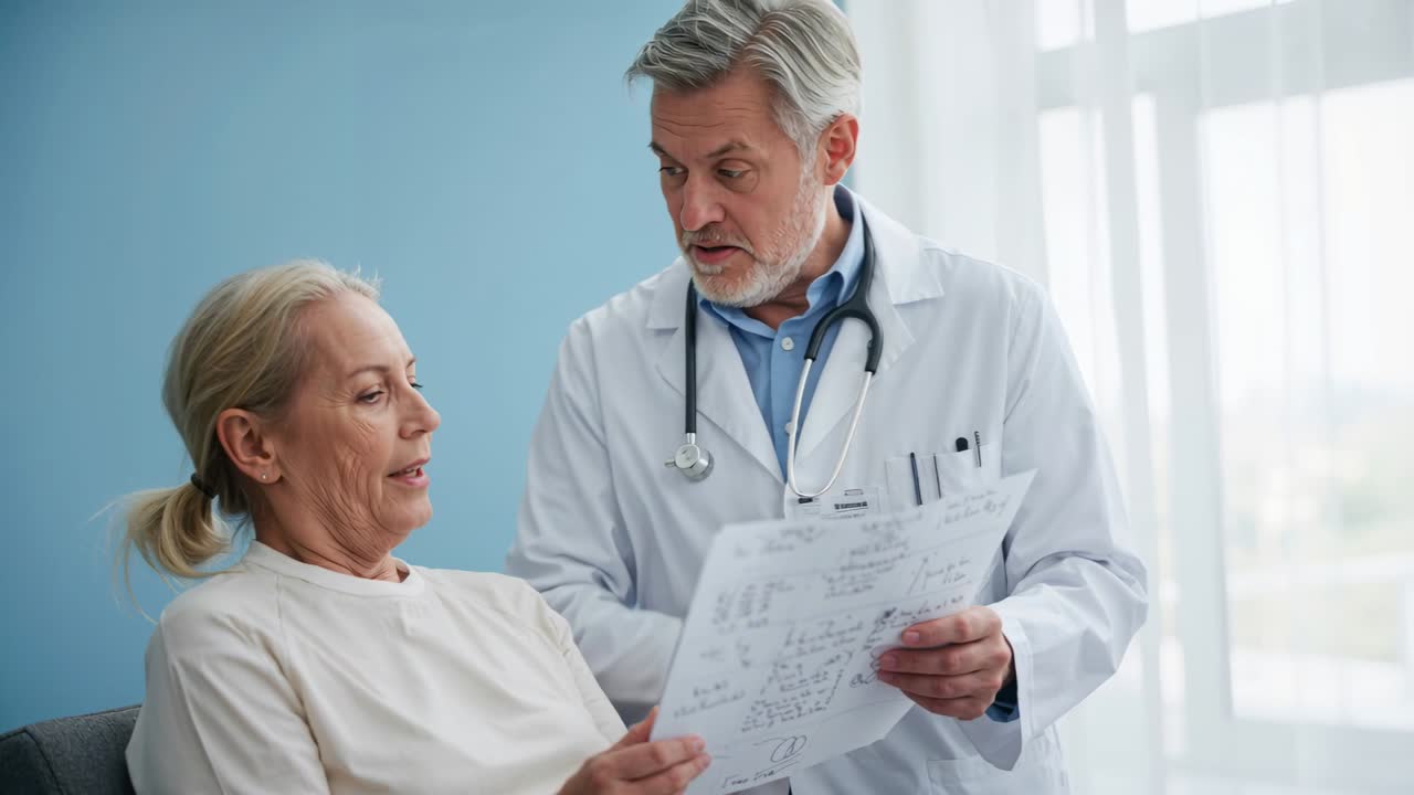 Medico in camice che indica e spiega un grafico dopo che il paziente ha mostrato un foglio in clinica, chiarendo i risultati.