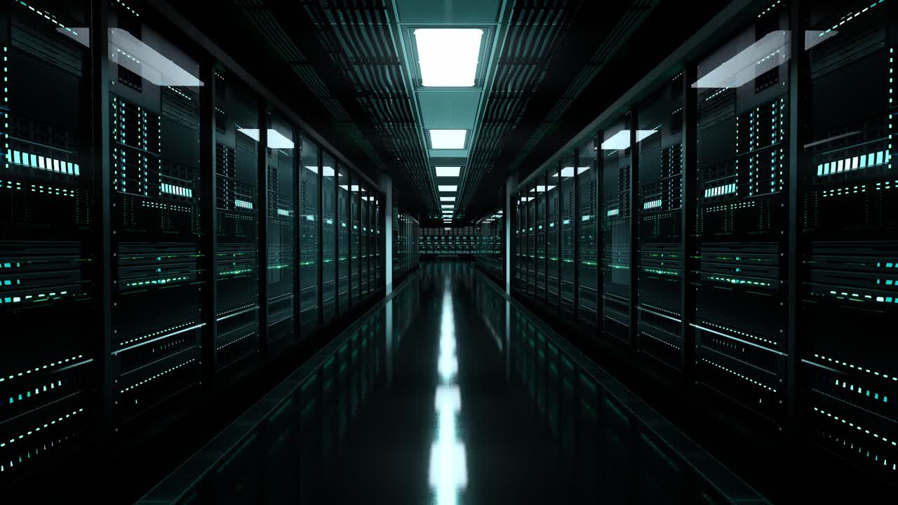 Inside Large Data Center. Advanced Cloud Computing Concept. Corridor With Server Racks And Cabinets Full Of Hard Drives