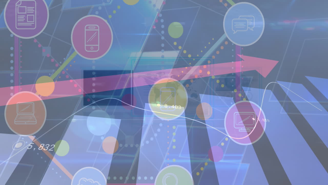 화면 위의 아이콘으로 통계와 연결 네트워크를 가리키는 빨간 화살표의 애니메이션