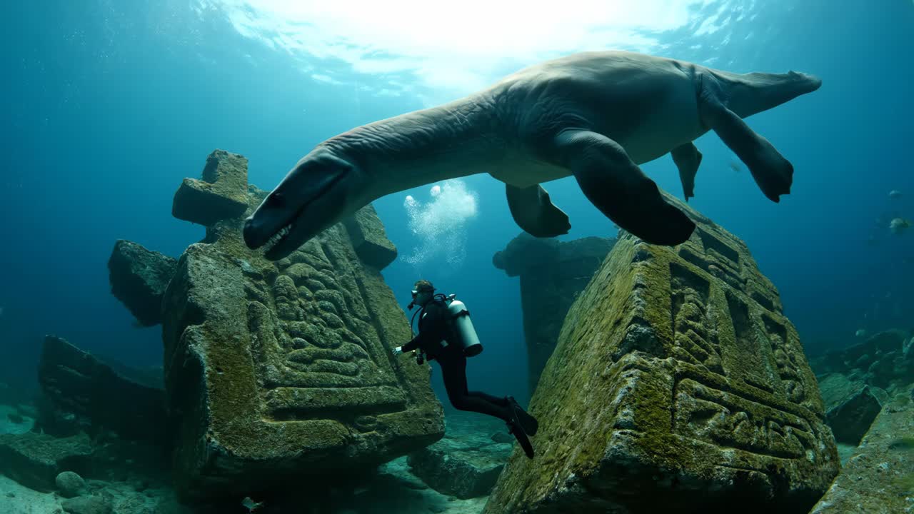 Scuba Diver Encounters Dinosaur in Underwater Ruins