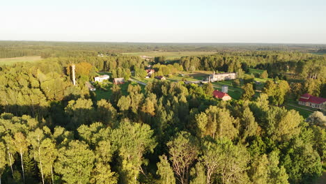 aerial view of a rural estate in a lush green forest