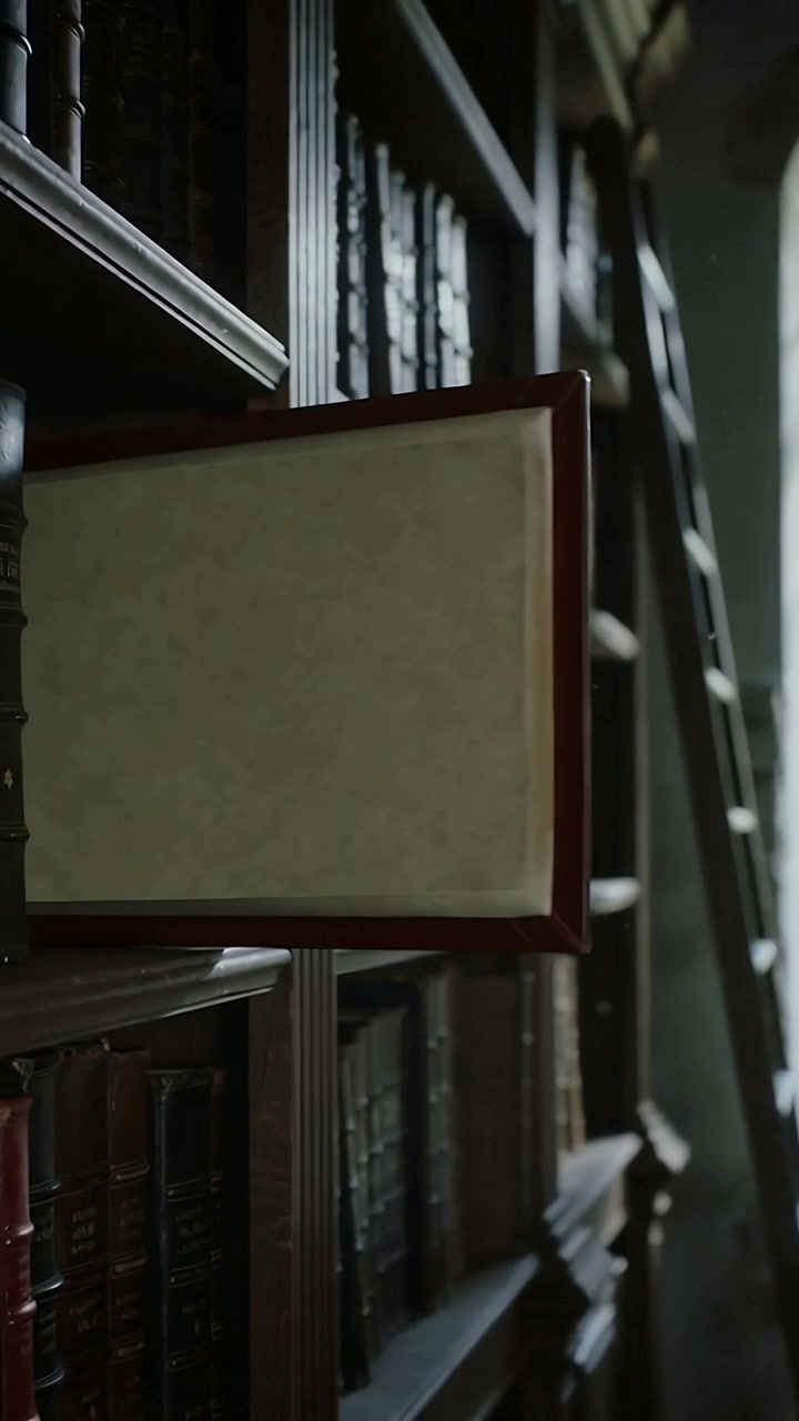 Vertical video: Panning revealing wooden bookcase sliding drawer outward in study ladder