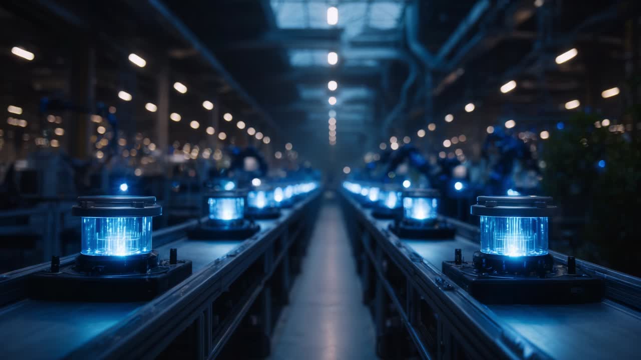A Futuristic Manufacturing Facility Showcasing Advanced Technology with Rows of Illuminated Devices on Conveyor Belts, Emphasizing Innovation, Automation, and Modern Industrial Processes in a High-Tech Environment