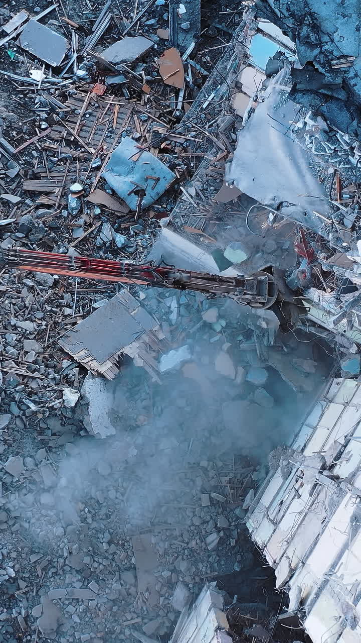 Outdoor ruined construction. Drone view destroyed nature collapse.