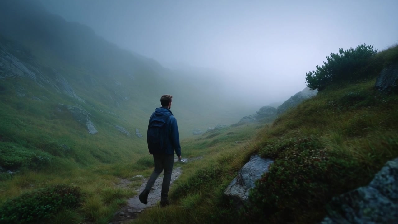 A solitary figure walks through a misty mountain path, surrounded by lush greenery and fog, capturing a serene moment of adventure and exploration in nature's beauty.