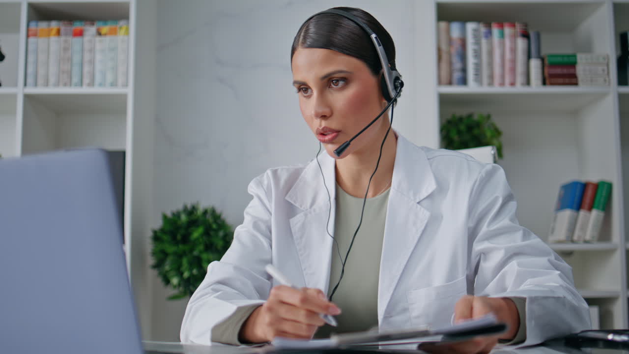 Headset medic talking laptop web camera in clinic closeup. Online doctor support