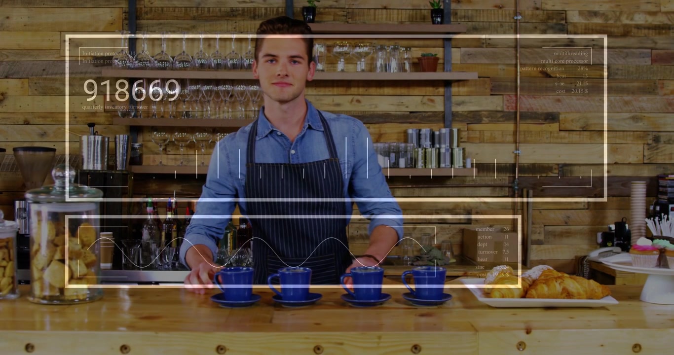 Barista che prende una tazza, allineando 4 tazze blu e facendole scorrere in avanti per il servizio caffè.