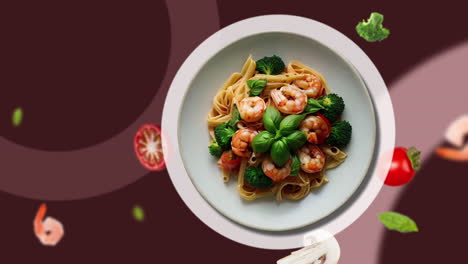 pasta with basil, broccoli, tomato sauce and shrimp