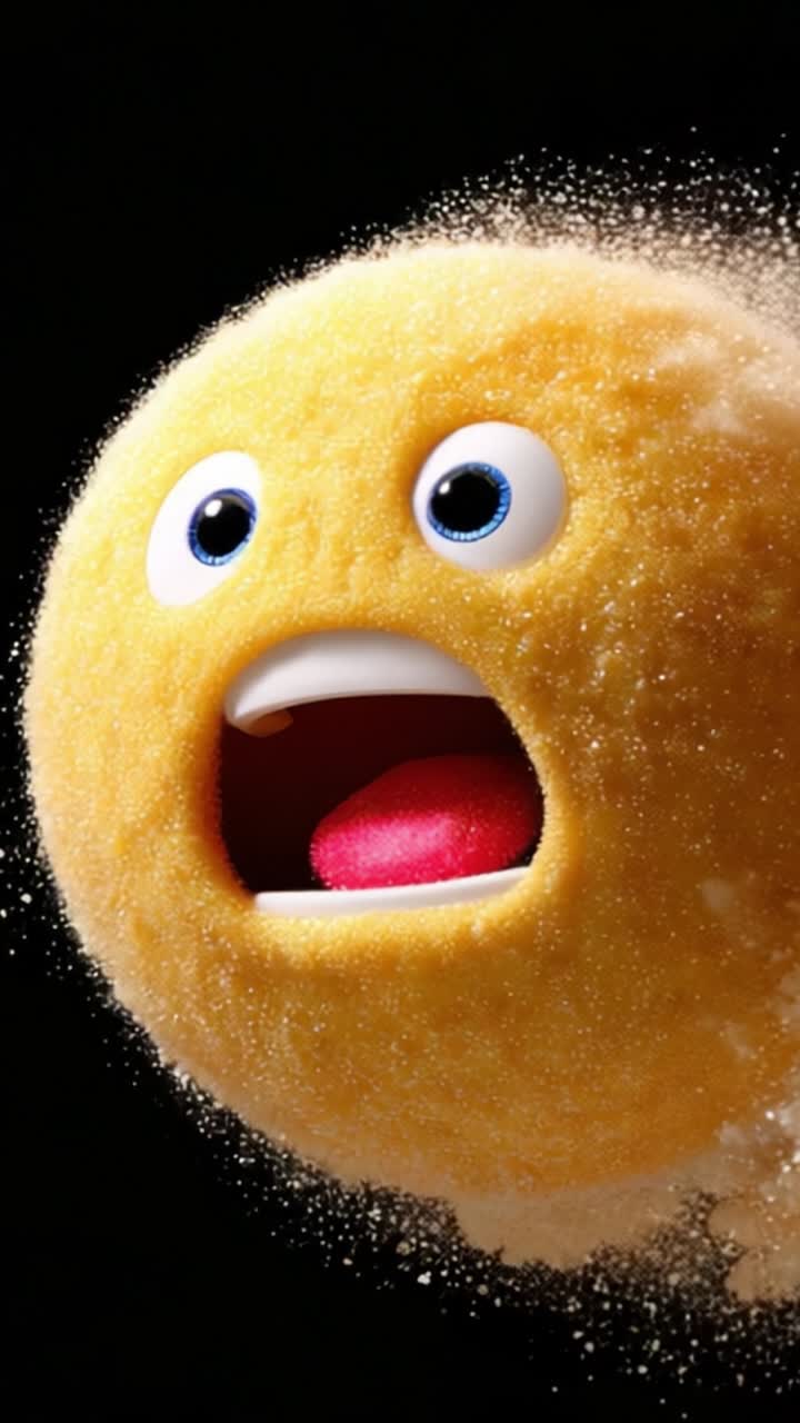 A surprised yellow spherical character with big eyes and an open mouth, appearing to be in motion, surrounded by a cloud of powder against a dark background