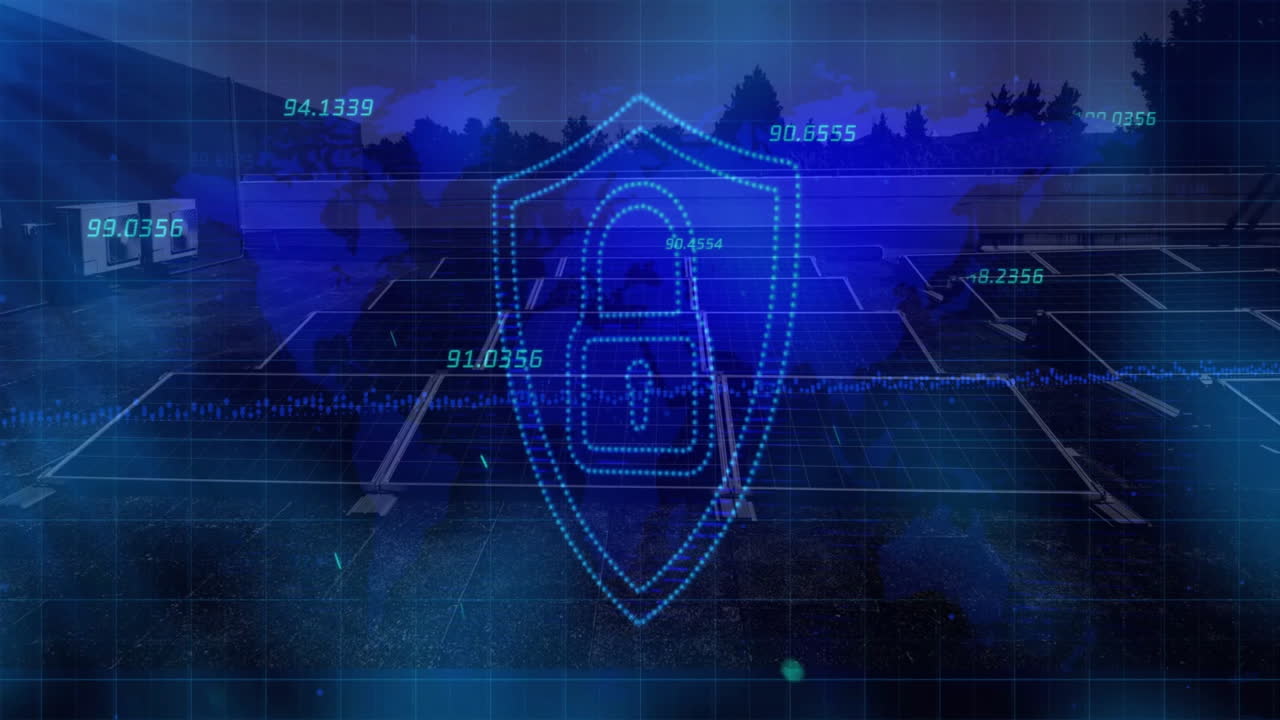 Shield icon floating above solar panels and world map, highlighting data protection in digital grid