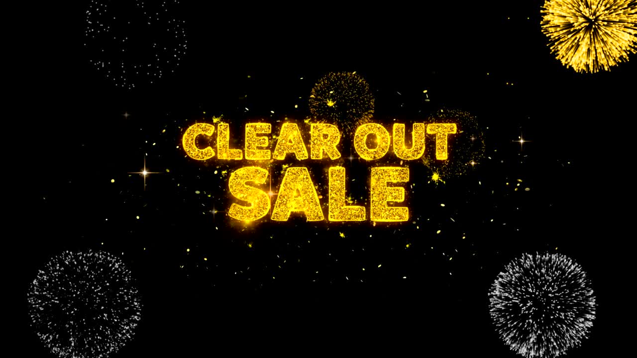 러 아웃 세일 텍스트는 반이는 황금 입자 불꽃놀이를 보여줍니다.