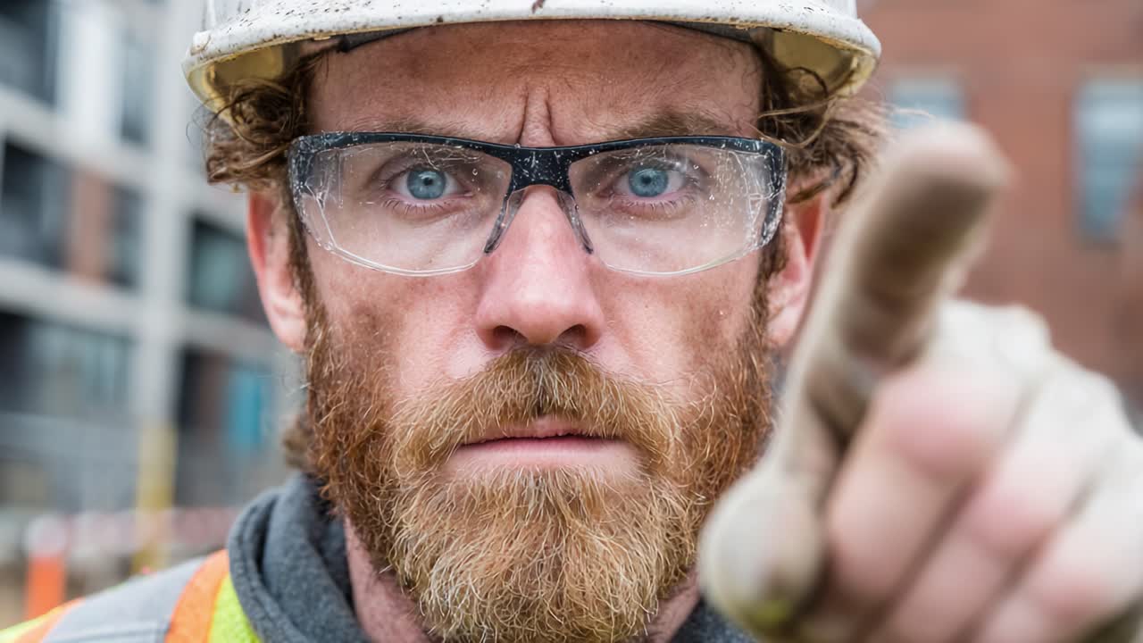 Focused Construction Worker Engaging Directly with the Camera, Emphasizing Safety and Accountability in a Construction Environment