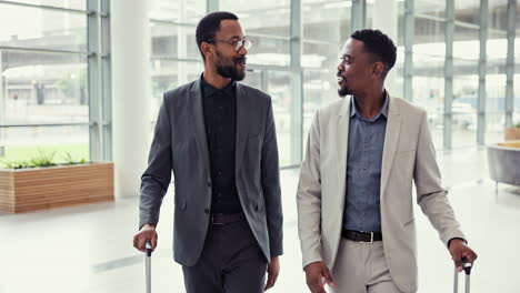 talking, travel and african men with luggage