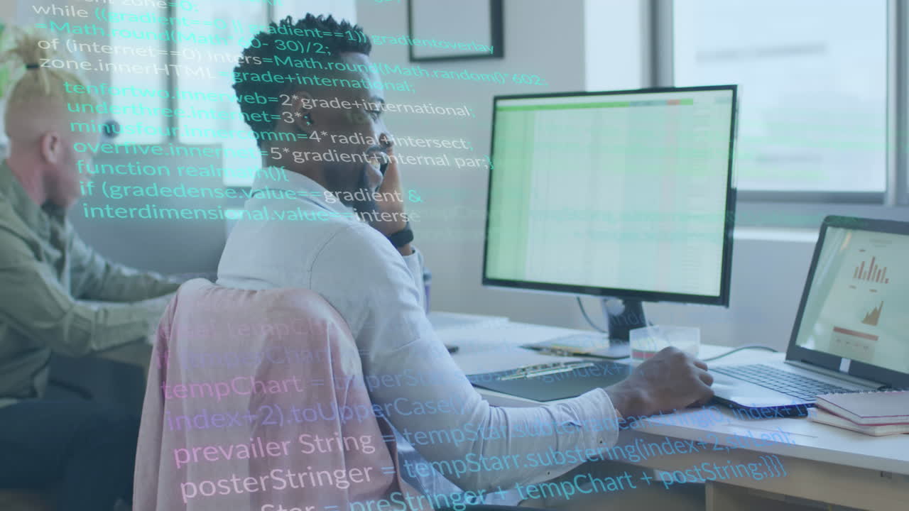 Animation of financial data processing over diverse business people in office