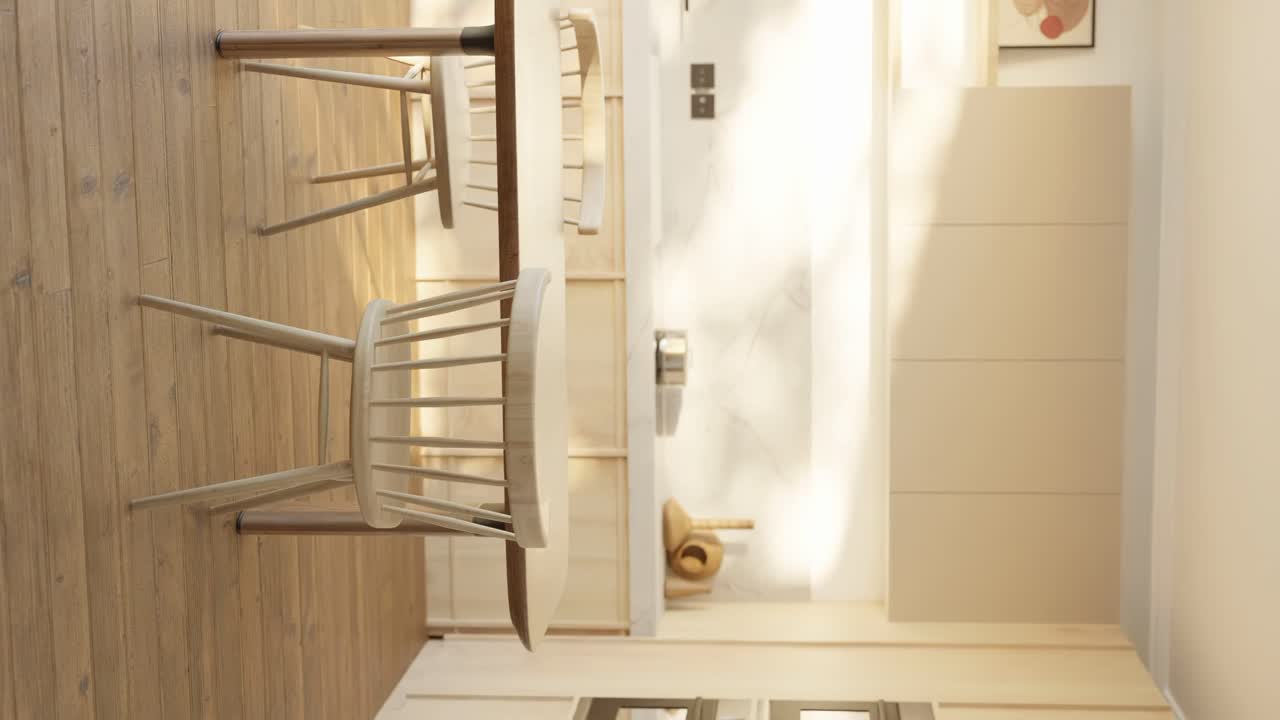 아파트의 목조 미니멀리즘 주방과 테이블의 수직 천천히 회전하는  ⁇