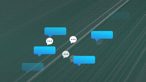 Animation of blank speech bubbles floating over abstract light trails against grey background