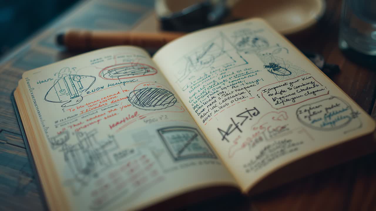 Opening hardcover notebook and turning pages on wooden desk, with pen, bowl and glass tumbler