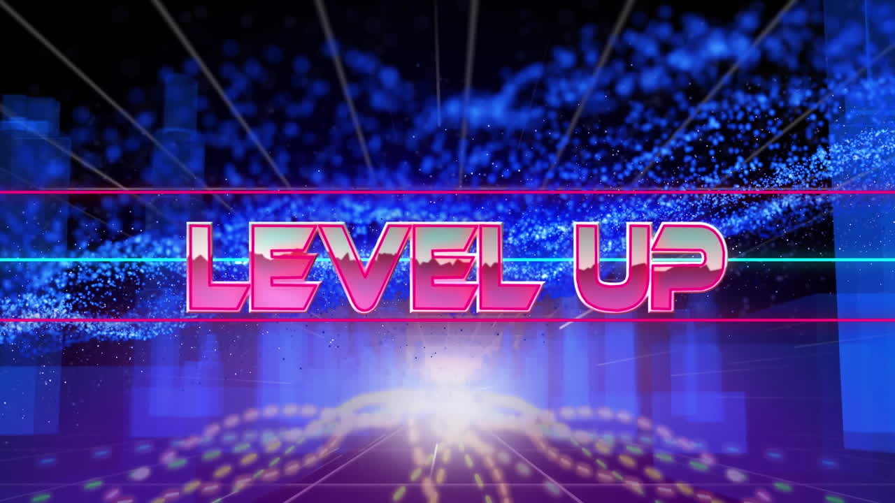 animación de nivel de banner de texto contra el modelo de ciudad 3d, senderos de luz y ondas digitales azules.