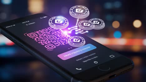 innovative mobile technology: a close-up view of a smartphone displaying a qr code for cryptocurrency transactions with animated digital coins exemplifying modern finance