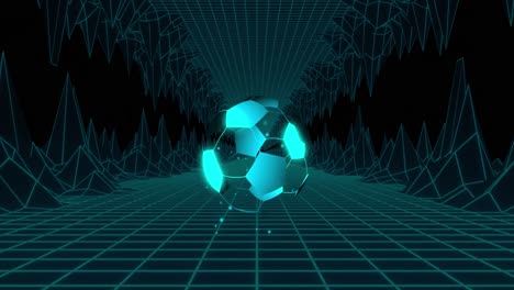 Animation-of-digital-football-over-digital-mountains-on-black-background