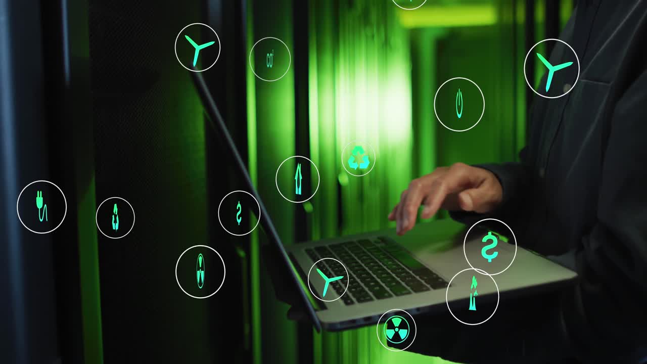 animación de iconos sobre la sección media de un ingeniero masculino biracial trabajando en una computadora portátil en la sala de servidores