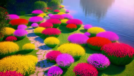 jardín colorido junto al lago
