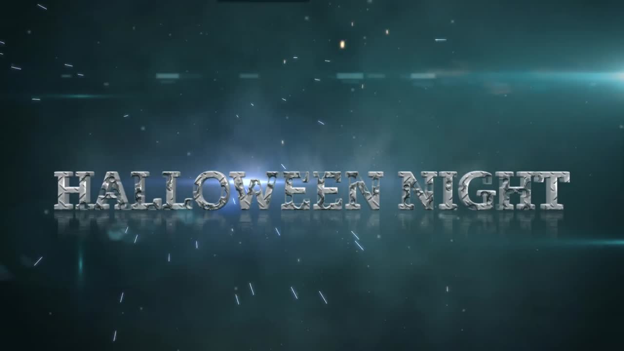 animación del texto de la noche de halloween sobre puntos de luz y relámpagos sobre fondo negro