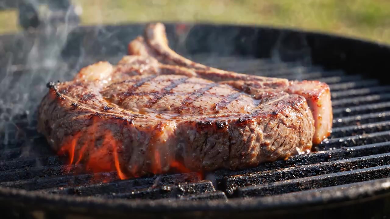 Bistecca sfrigolante cotta alla perfezione: una deliziosa bistecca di costata alla griglia dorata e succosa, che emette fumo aromatico su una griglia calda durante un barbecue all'aperto.