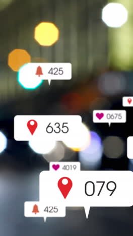 animación de iconos y números de redes sociales sobre semáforos desenfocados