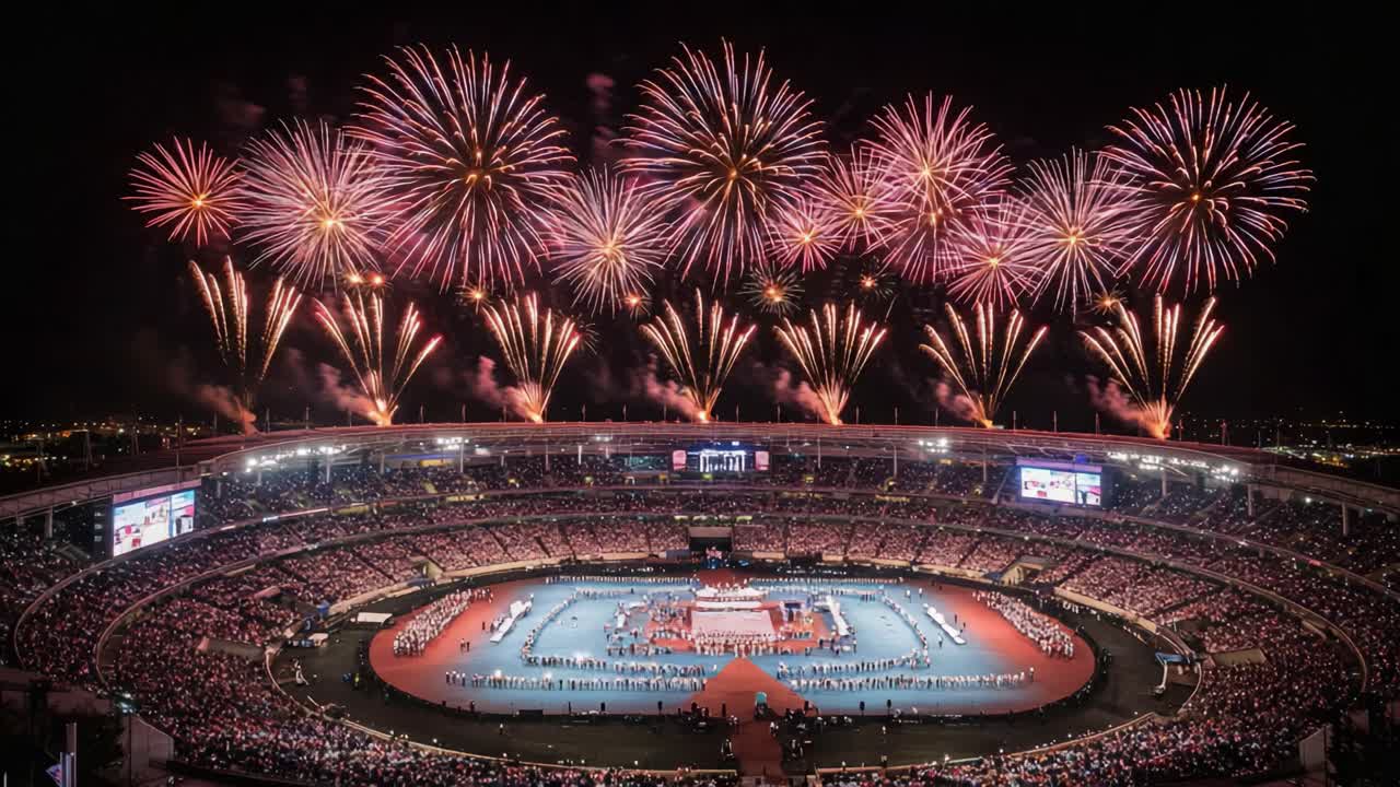 Spectacular Night Sky Over Stadium: A Captivating Display of Fireworks Illuminating the Exciting Atmosphere of a Major Sporting Event