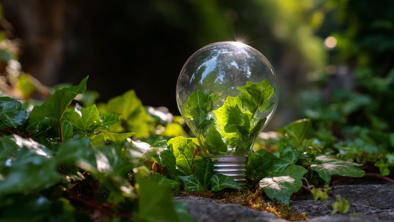 A Unique Perspective on Nature: A Glass Light Bulb Surrounded by Lush Ivy Leaves Captures the Essence of Eco-Friendly Illumination in a Serene Outdoor Setting