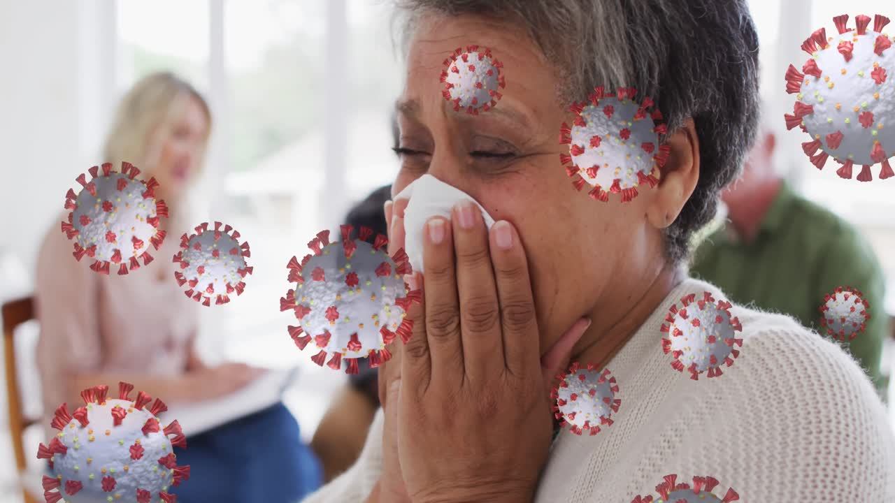 múltiples células de covid-19 flotando contra una mujer afroamericana llorando