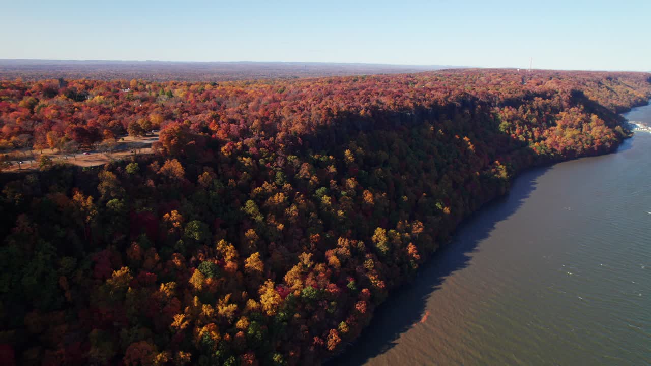Aerial of New Jersey's Palisades in the fall, 4K
