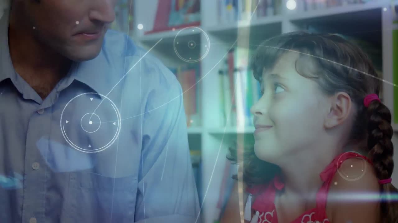 animación de una red de conexiones sobre un maestro y una escolar feliz y diversa