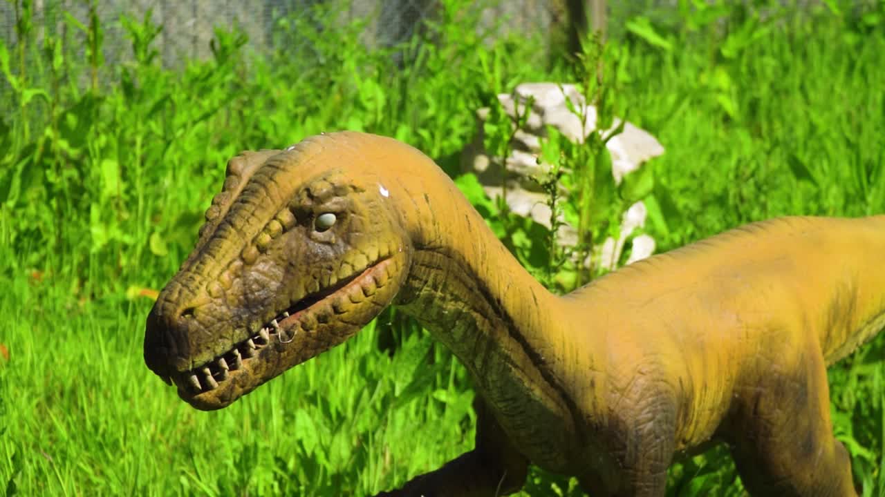 잔디 환경 한가운데 있는 고대 공룡 짐승의 기계적인 목조 구조 입 벌리고 무섭고 위협적인 하얀 눈 신비한 행동 배고픈 동물원 사파리 꽃