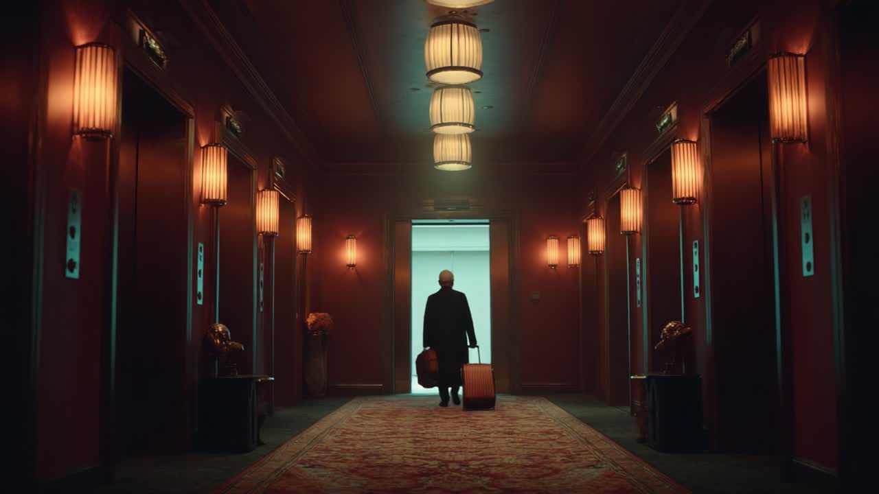 A solitary figure stands in a dimly lit hotel corridor, holding luggage, as vintage lanterns cast a warm glow, creating an atmosphere of mystery and nostalgia